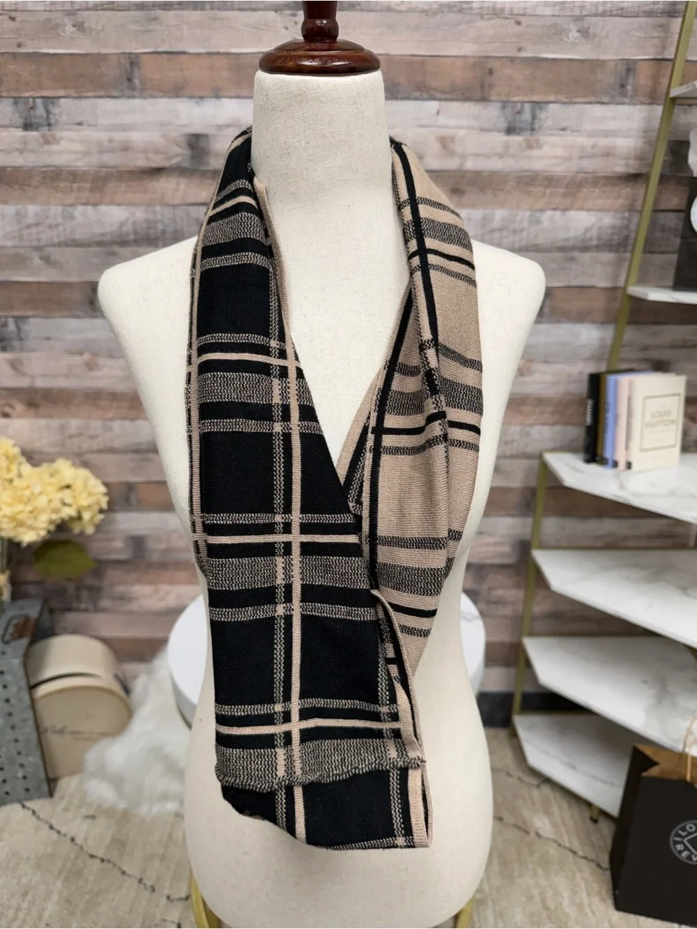 Wool blend tan & black plaid pattern triangular scarf